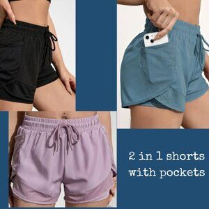 New 2 in 1 Quick-Dry Running Stretchy Biker Shorts With Lining & Pockets
